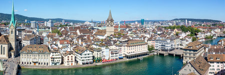 Zurich skyline with Linth river from above panorama traveling in Switzerlandの写真素材
