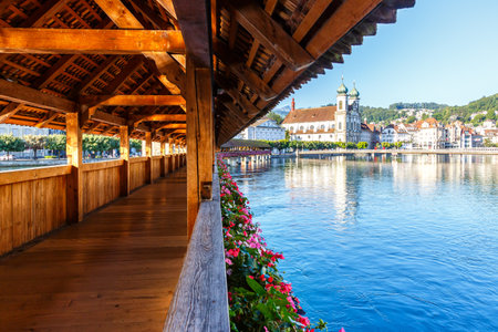 Lucerne city at Reuss river with KapellbrÃ¼cke and Pilatus mountain traveling in Switzerlandの写真素材