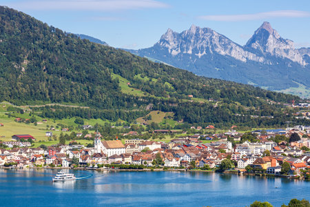 Arth at lake Zug in the Swiss Alps mountains with Kleiner and Grosser Mythen mountain peaks vacation in Switzerlandの写真素材
