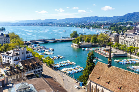 Zurich skyline with lake from above traveling in Switzerland