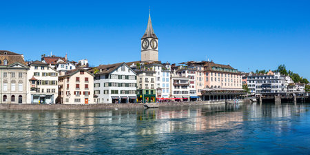 Zurich skyline with Linth river panorama traveling in Switzerlandの写真素材