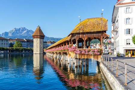 Lucerne city at Reuss river with KapellbrÃ¼cke and Pilatus mountain traveling in Switzerlandの写真素材