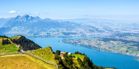 View from Rigi mountain on Swiss Alps, Lake Lucerne and Pilatus mountains panorama vacation in Switzerlandの写真素材