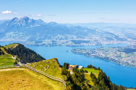 View from Rigi mountain on Swiss Alps, Lake Lucerne and Pilatus mountains vacation in Switzerlandの写真素材