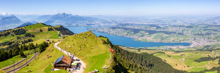 View from Rigi mountain on Swiss Alps, Lake Lucerne and Pilatus mountains panorama vacation in Switzerlandの写真素材