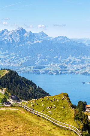 View from Rigi mountain on Swiss Alps, Lake Lucerne and Pilatus mountains portrait format vacation in Switzerlandの写真素材