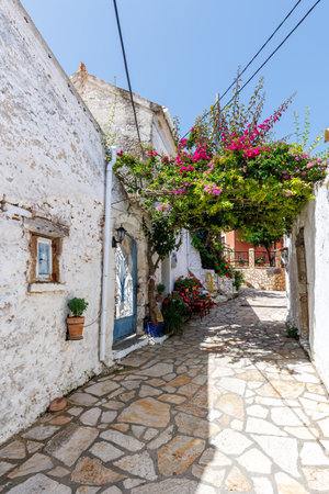 Alley decorated with flowers in the picturesque village of Afionas portrait format vacation on the island of Corfu in Greeceの写真素材