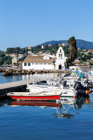 Vlacherna monastery at Mediterranean sea portrait format vacation on Corfu island in Greeceの写真素材