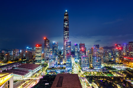 Shenzhen skyline cityscape with skyscrapers in downtown city at night in Shenzhen, China