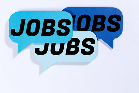 Jobs, job working recruiting employees in speech bubbles communication business concept blueの写真素材