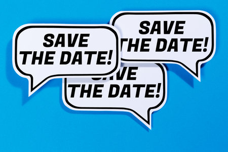 Save the date invitation message information in speech bubbles communication business concept blue