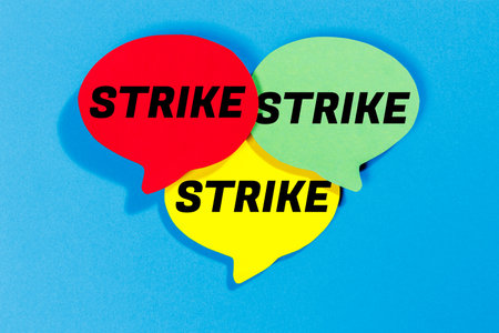 Strike protest action demonstrate jobs, job employees in colorful speech bubbles communication business concept blueの写真素材