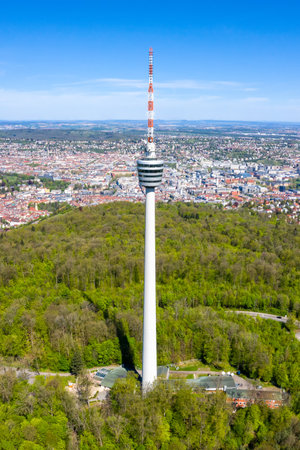 Stuttgart tv tower skyline aerial view portrait format city town architecture travel in Germanyの写真素材