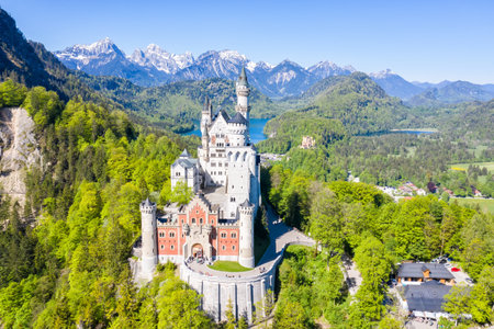 Neuschwanstein Castle castle aerial view Alps landscape travel palace in Bavaria Germanyの写真素材