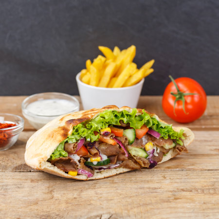 Doner Kebab Doner Kebap fast food meal in flatbread with French fries on a wooden boardの写真素材