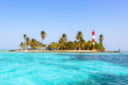 Cay island beach travel with palms palm vacation sea near San Andres in Colombia