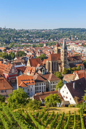 View on Esslingen town city with ancient townhall and church travel traveling portrait format in...