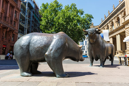 Bull and Bear at Frankfurt Stock Exchange figures in Germanyの写真素材