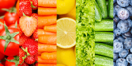 Fruits and vegetables background collection of fresh fruit panorama with berries backgroundsの写真素材