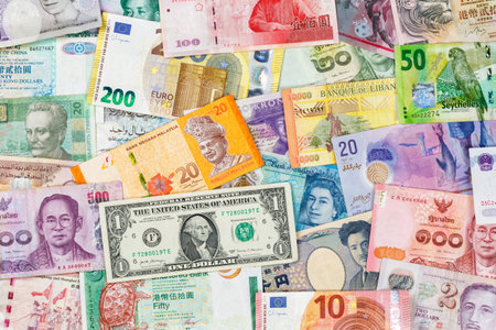 Money banknotes bill Euro Dollar currency background for travel pay paying finances richの写真素材