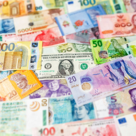 Money banknotes bill Euro Dollar currency background for travel pay paying finances square richの写真素材