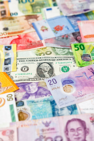 Money banknotes bill Euro Dollar currency background for travel portrait format pay paying finances richの写真素材