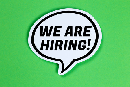 We are hiring job ad jobs working recruiting employees in a speech bubble saying communication business conceptの写真素材