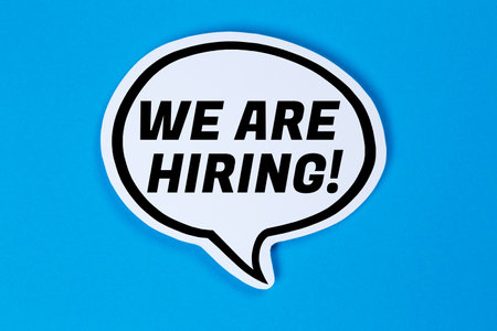 We are hiring job ad jobs working recruiting employees in a speech bubble saying communication business conceptの写真素材