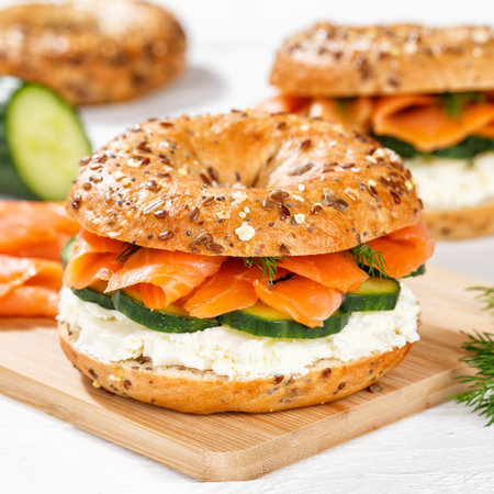 Bagel sandwich with salmon fish and cream cheese for breakfastの写真素材