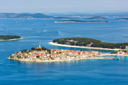 Primosten town on a peninsula vacation traveling in the Mediterranean Sea in PrimoÅ¡ten, Croatia.の写真素材