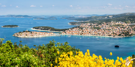 Primosten town on a peninsula vacation in the Mediterranean Sea traveling panorama in PrimoÅ¡ten,...