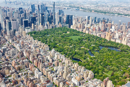 New York City skyline skyscraper of Manhattan real estate with Central Park aerial view photo in the...