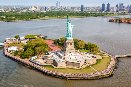New York City Statue of Liberty aerial view photo in the United States