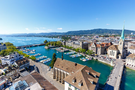 Zurich skyline with lake from above traveling in Switzerlandの写真素材
