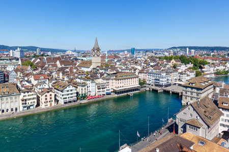 Zurich skyline with Linth river from above traveling in Switzerlandの写真素材