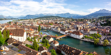 Lucerne city at Reuss river and lake with SpreuerbrÃ¼cke bridge from above panorama traveling in...