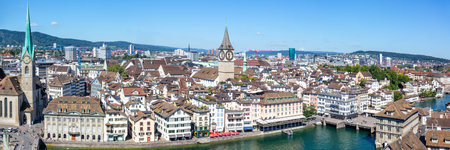 Zurich skyline with Linth river from above traveling panorama in Switzerland