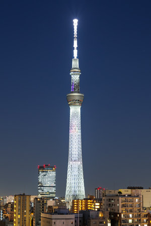 Tokyo SkyTree tower with skyline at twilight portrait format city in Japanの写真素材