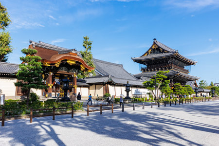 Entrance to Buddhist Higashi Hongan-ji Monastery Temple in the ancient historical old town of Kyoto in Japanの写真素材