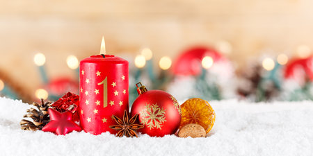 First 1st Sunday in advent with burning candle Christmas time deco decoration panorama with copyspace copy spaceの写真素材