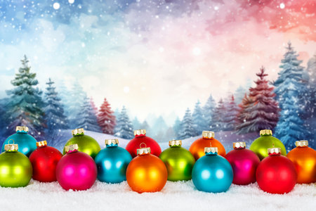 Christmas card with balls baubles and winter forest background copyspace copy space decoration decoの写真素材