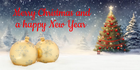 Merry Christmas card with balls baubles tree background decoration panorama tree winter snow snowflakesの写真素材