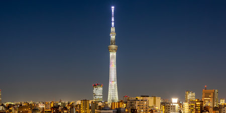 Tokyo SkyTree tower with skyline at twilight city panorama in Japanの写真素材