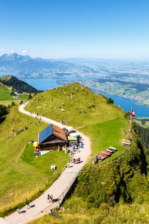 View from Rigi mountain on Swiss Alps, Lake Lucerne and Pilatus mountains portrait format vacation in Switzerlandの写真素材