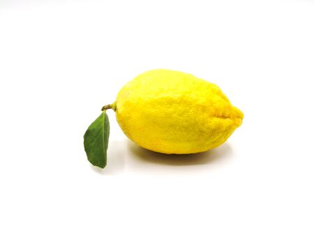Whole fresh ripe lemon with leaf isolated on white backgroundの写真素材