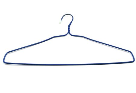 Blue wire coat hanger isolated on white backgroundの写真素材
