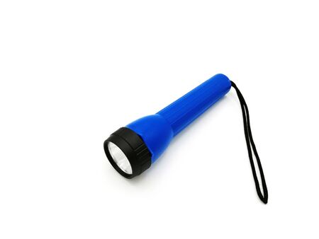 Blue colorful plastic flashlight isolated on white backgroundの写真素材