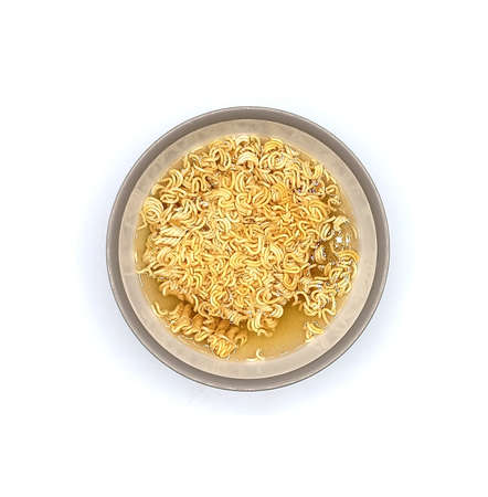 top view of Instant noodles in bowl isolated on white backgroundの写真素材