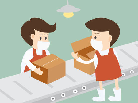 Worker packing  Goods On Belt In Distribution Warehouseのイラスト素材