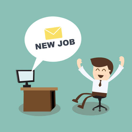 new job - happy businessman with new messages computer in officeのイラスト素材
